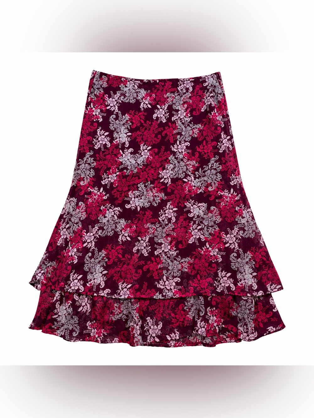 White Stag Burgundy and Pink Floral Tiered A-Line Skirt